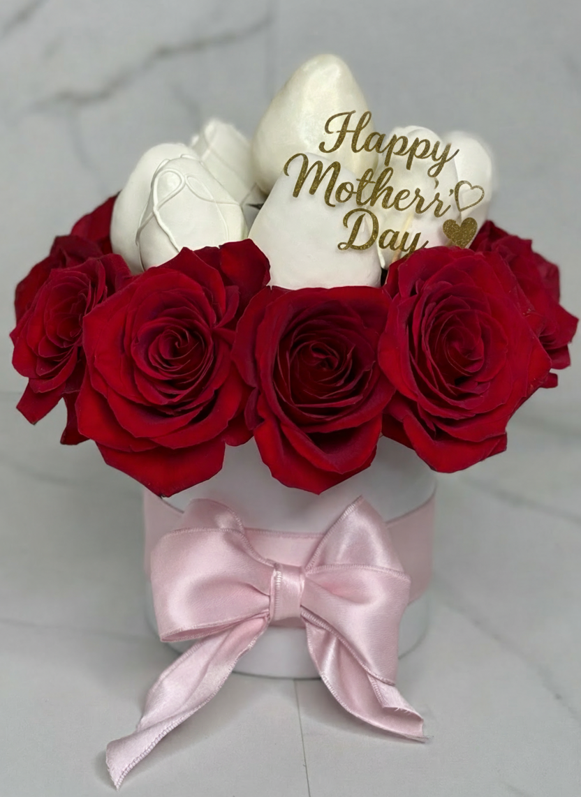 Bouquet of red roses with white hearts and 'Happy Mother's Day' message in a box on a light gray background