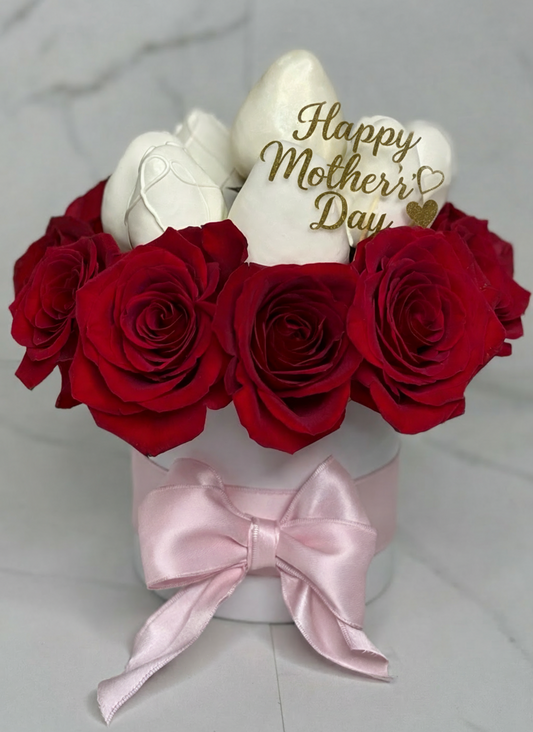 Bouquet of red roses with white hearts and 'Happy Mother's Day' message in a box on a light gray background