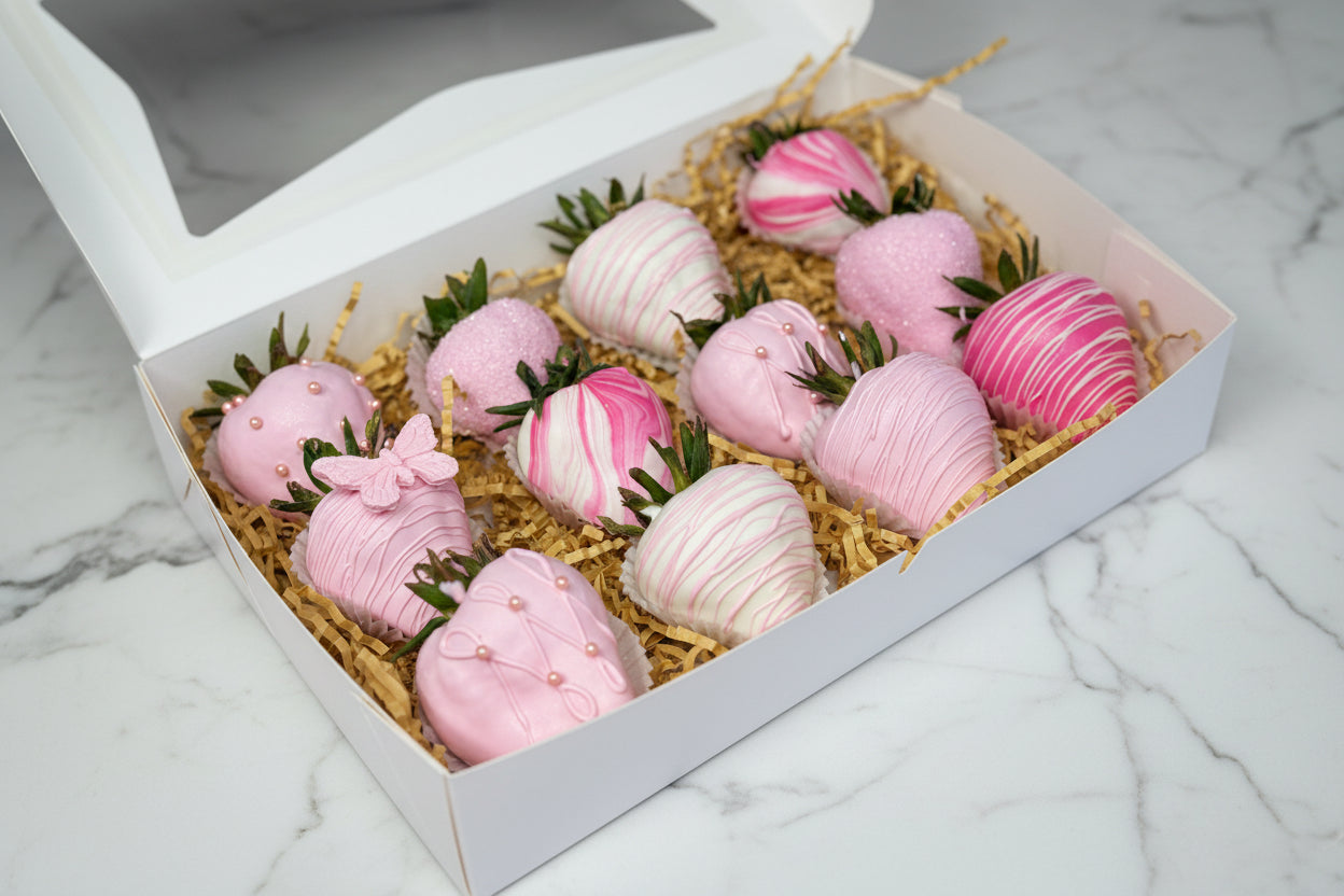 Decorative strawberries with pink and white chocolate in a box